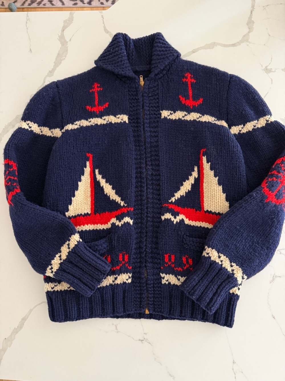 Navy Nautical Zip-Up Sailboat Knit Cardigan